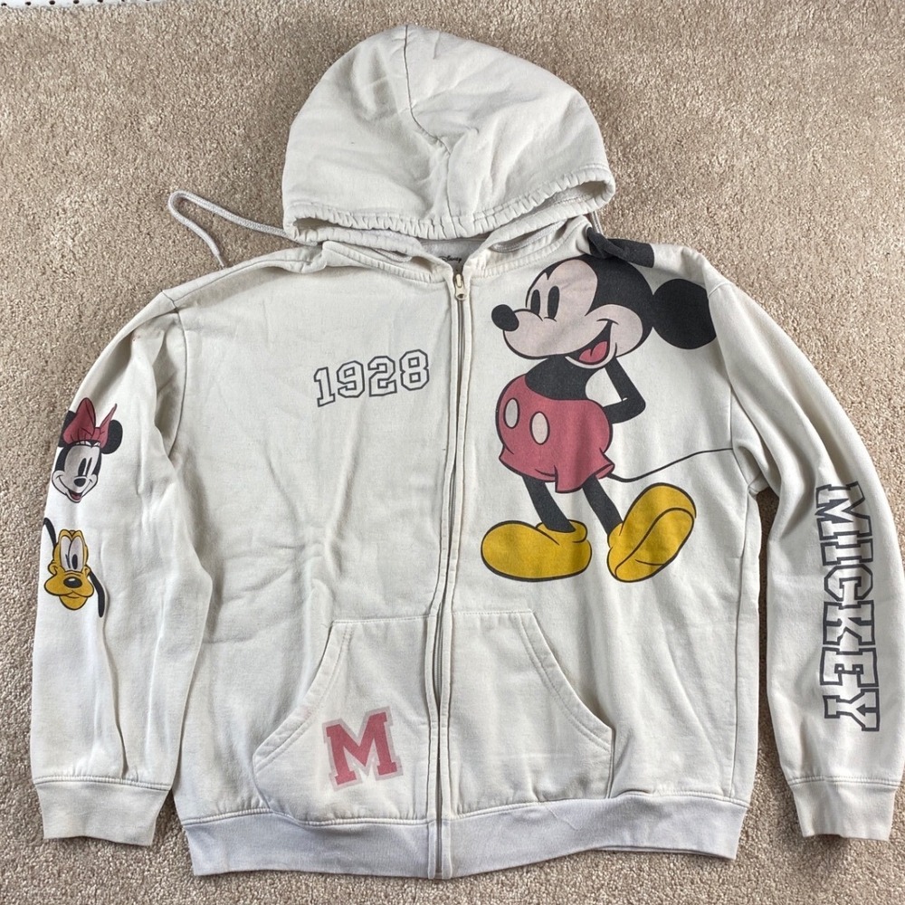 Disney Mickey‎ Mouse Zip Up Hoodie Cream Graphic 1928 Minnie Pluto Womens L